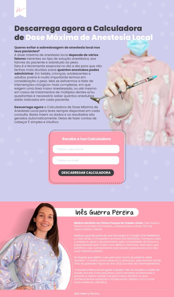 Layout de landing page/lead magnet de calculadora de anestesia local