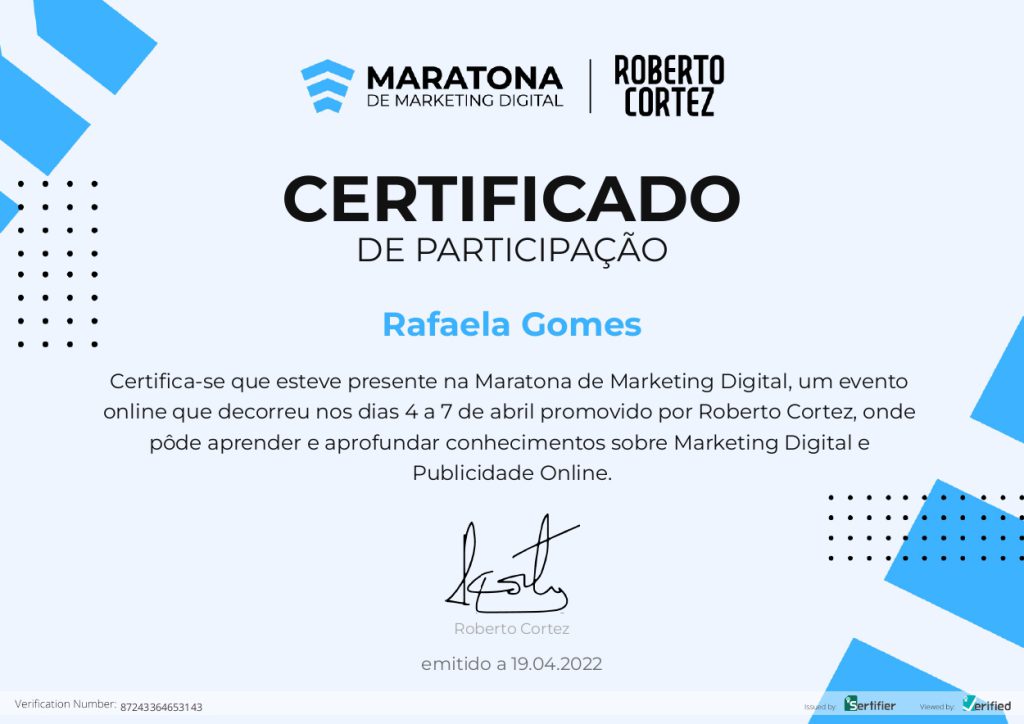 Certificado de participação Maratona de Marketing Digital do Roberto Cortez